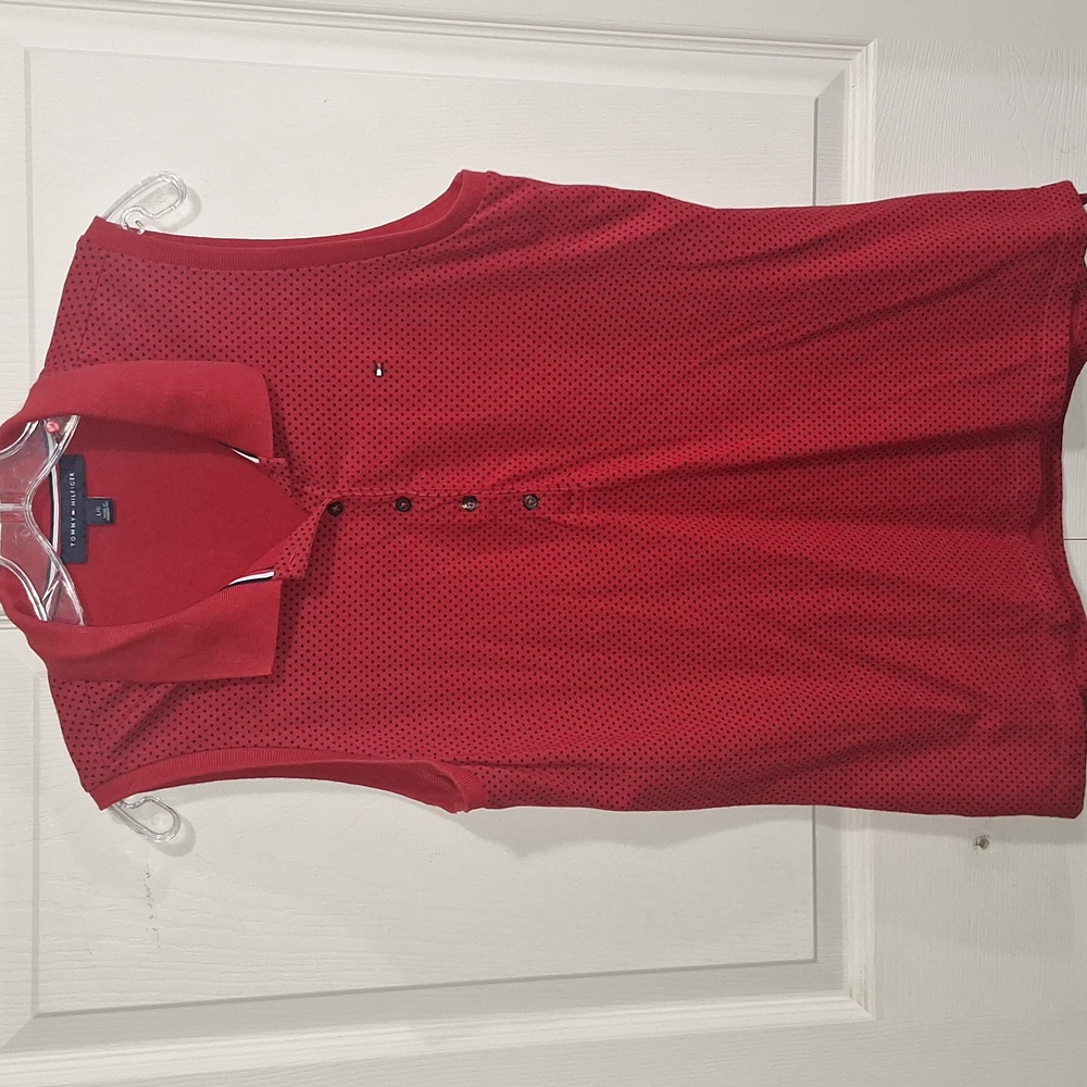 Women's Tommy Hilfiger Sleeveless Polo Shirt-Red/Black Polka Dots-L